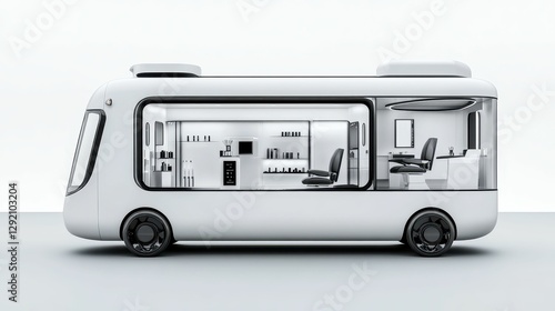 White mobile salon van, interior visible.