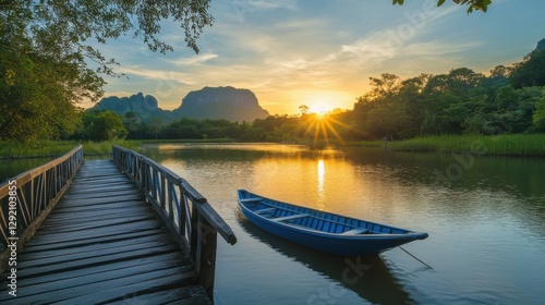 Beautiful golden sunset, row boat and a wooden bridge at pond. Fantastic vivid twilight at Sam Roi Yod National Park, Prachuap Khirikhan, Thailand. photo