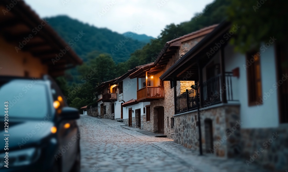 Mountain village street at dusk, cars parked, cozy homes Mountain village street at dusk, cars parked, cozy homes