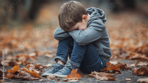 A boy is sitting on the road covered with yellow leaves, crying with his head lowered, showing a moment of sadness and distress.