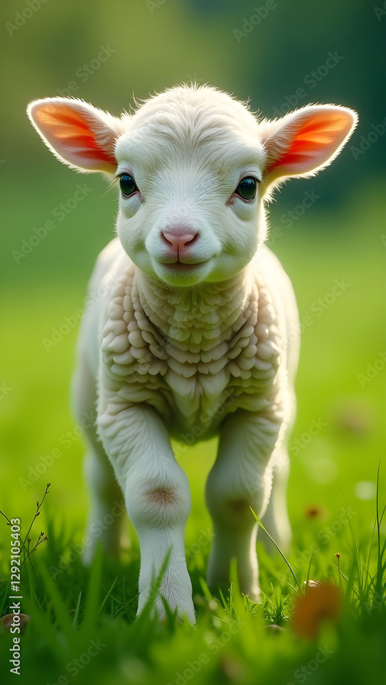 Obraz premium A cute lamb on the green grass.