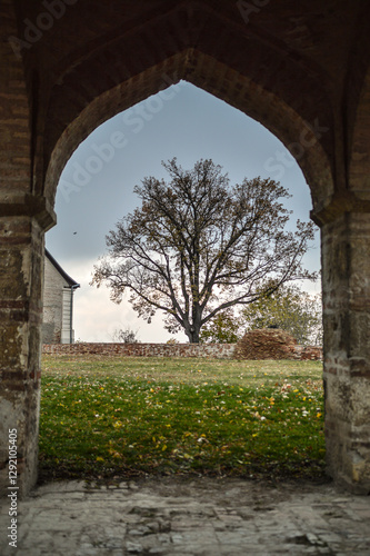 View through Ottoman turbe monument with arched openings at Ilok town, Croatia photo