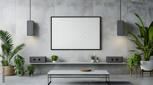 A mockup of an empty white frame on the wall in a modern living room
