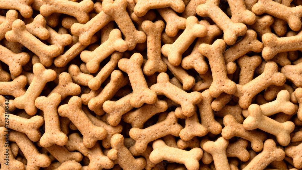 Close-up of bone-shaped dog biscuits in a pile, crunchy pet treats made from natural ingredients, healthy snack for dogs, textured background of canine food Close-up of bone-shaped dog biscuits in a pile, crunchy pet treats made from natural ingredients, healthy snack for dogs, textured background of canine food