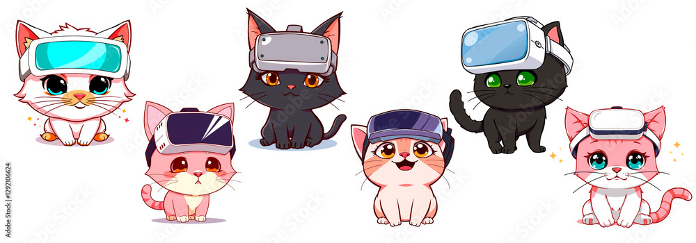 Fototapeta premium Set of cartoon cats wearing futuristic virtual reality headsets on white background, adorable digital illustration of kittens wearing virtual reality glasses, technology and gaming concept