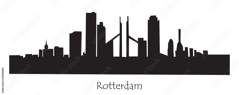 Fototapeta premium A city skyline with the word ROTTERDAM written below it. The skyline is black and white. Flat vector illustration isolated on transparent background
