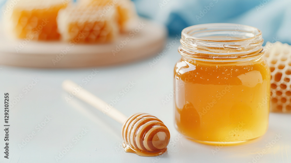 Elegant honey jar with honey spoon and honeycombs on a clean white background. antioxidant honey banner background for beekeeping Elegant honey jar with honey spoon and honeycombs on a clean white background. antioxidant honey banner background for beekeeping