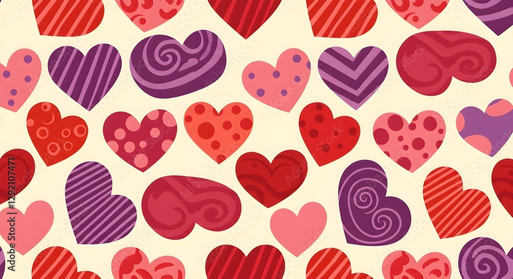 A colorful pattern of various hearts in shades of red and pink, perfect for celebrating love and affection. A colorful pattern of various hearts in shades of red and pink, perfect for celebrating love and affection.