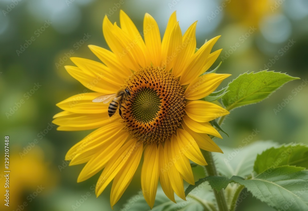 Bright sunflower attracting a busy bee in a vibrant field Bright sunflower attracting a busy bee in a vibrant field