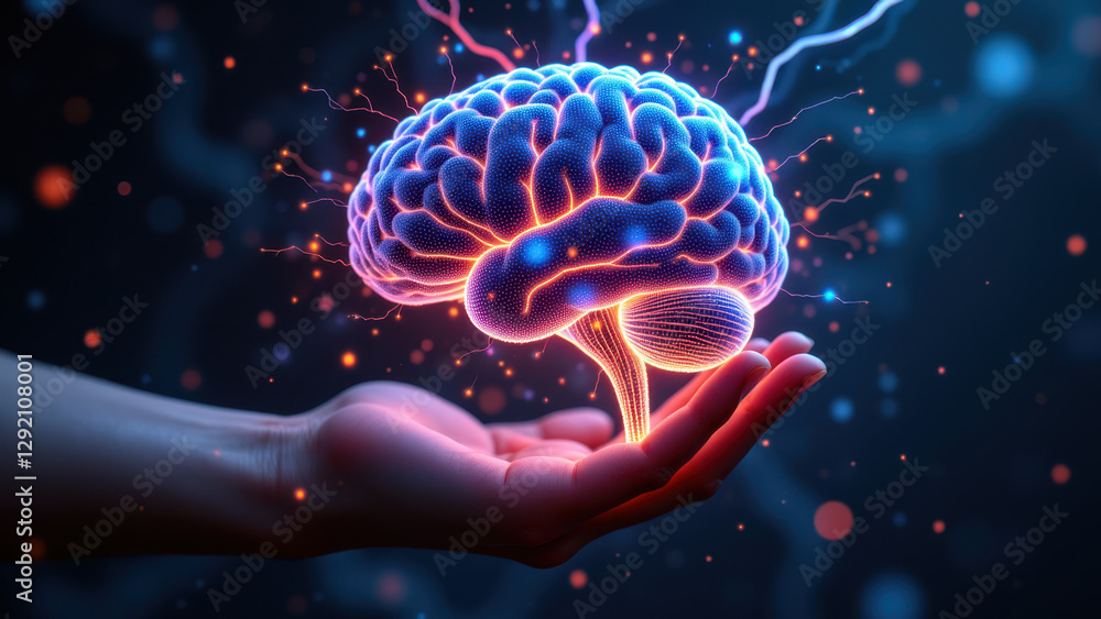 Hand gently holding a glowing brain that represents artificial general intelligence. Hand gently holding a glowing brain that represents artificial general intelligence.