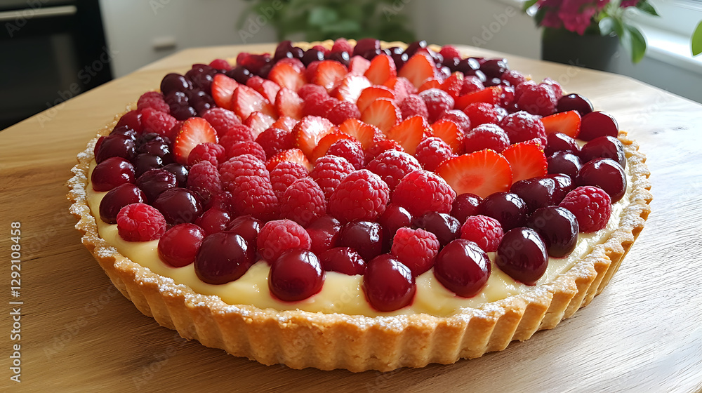 A delicious fruit tart topped with strawberries, raspberries, and cherries on a wooden table. A delicious fruit tart topped with strawberries, raspberries, and cherries on a wooden table.