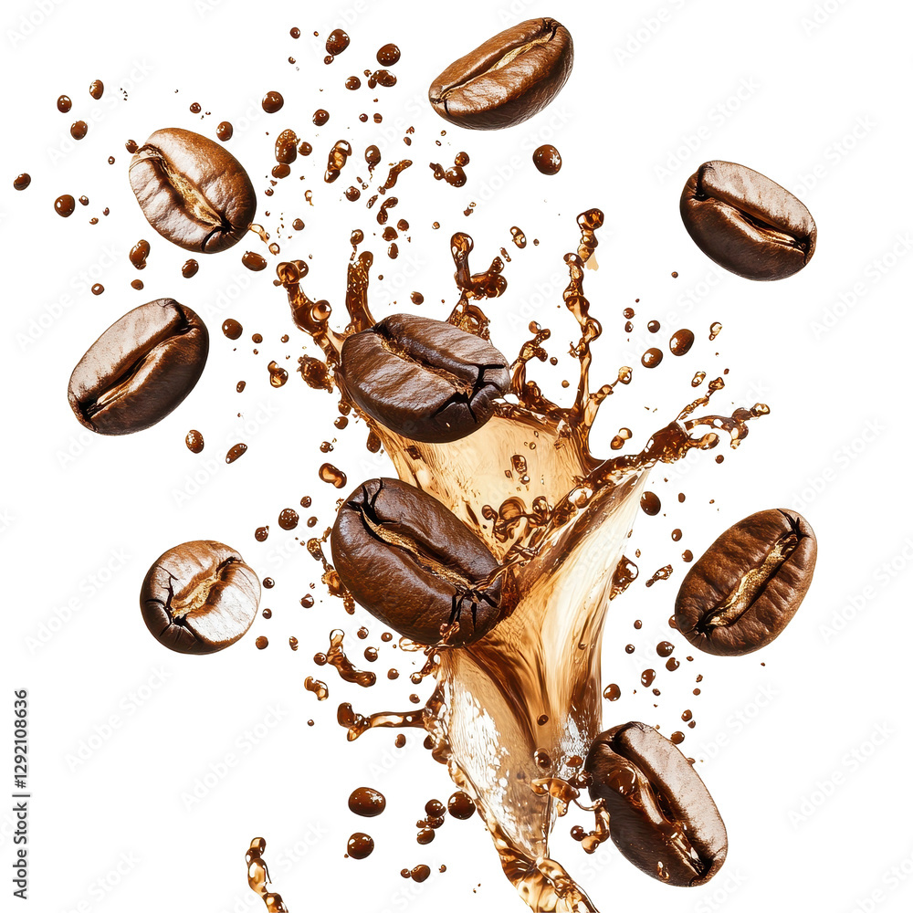 Coffee splash with beans creates dynamic and vibrant composition for beverage lovers, Coffee splash with coffee beans isolated on Transparent background Coffee splash with beans creates dynamic and vibrant composition for beverage lovers, Coffee splash with coffee beans isolated on Transparent background
