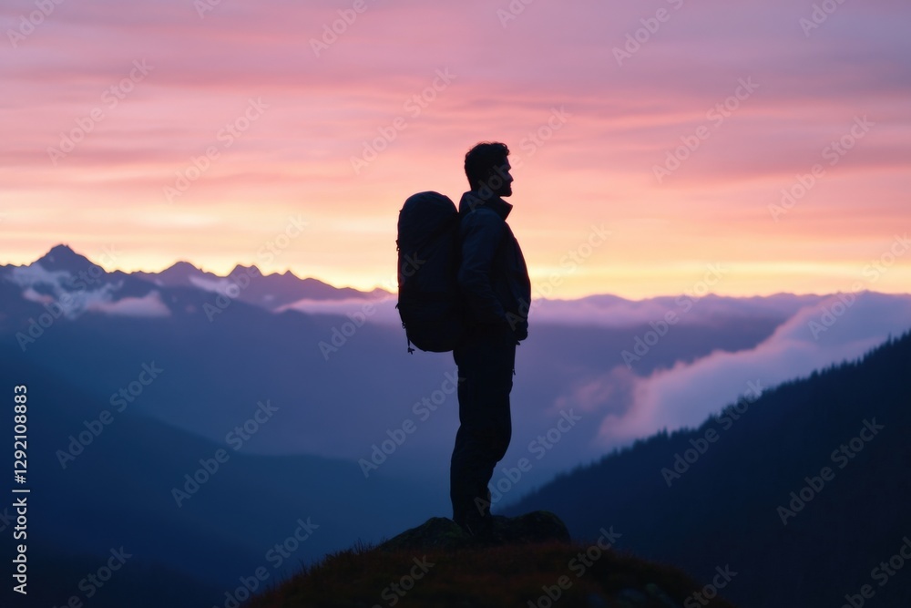 silhouette of a Man with backpack enjoying scenic mountain view at sunset silhouette of a Man with backpack enjoying scenic mountain view at sunset