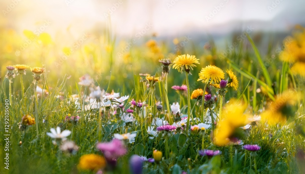 Fototapeta premium Vibrant wildflowers and dandelions carpeting lush green meadow beneath warm golden hour sunset lighting