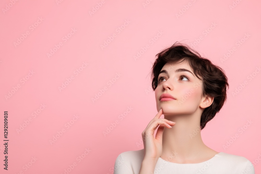 Woman with Short Hair looking Up in Thought Woman with Short Hair looking Up in Thought
