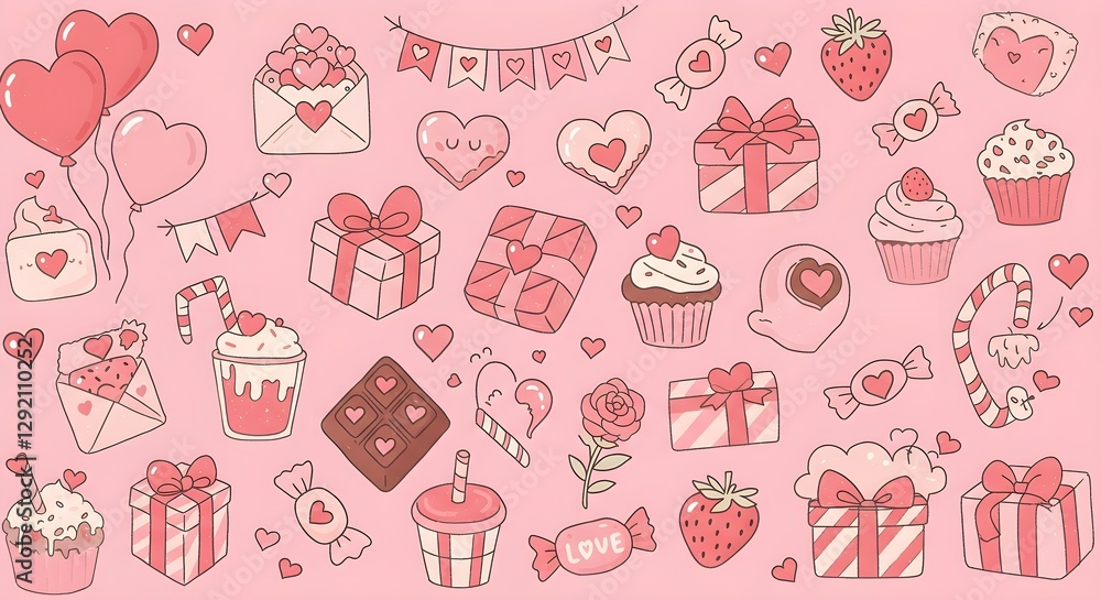 A whimsical collection of pink-themed Valentine's Day icons, including hearts, gifts, and sweets, perfect for festive celebrations. A whimsical collection of pink-themed Valentine's Day icons, including hearts, gifts, and sweets, perfect for festive celebrations.