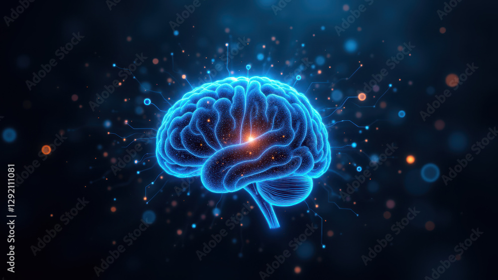 Computer graphic illustration of a human brain with artificial intelligence circuitry integrated into its center. Computer graphic illustration of a human brain with artificial intelligence circuitry integrated into its center.