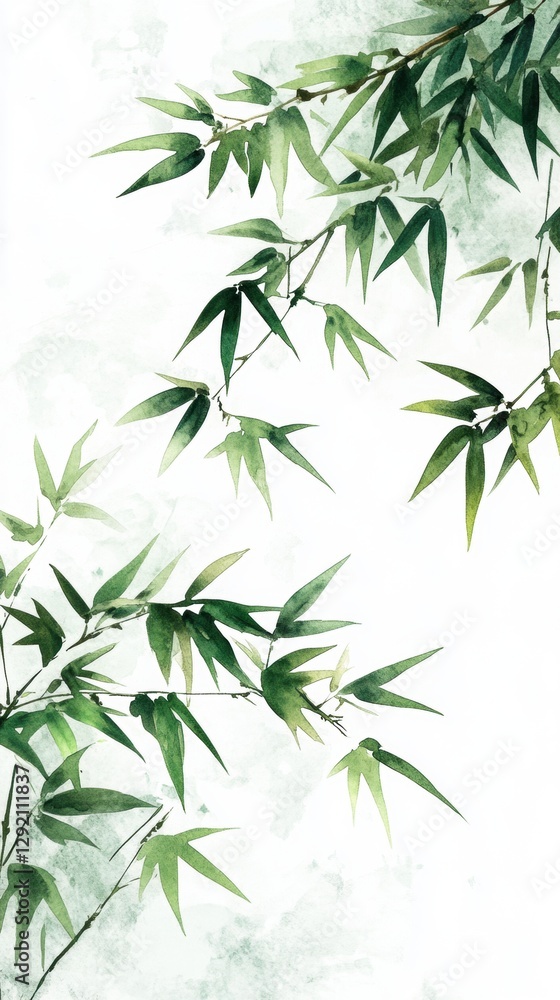 Obraz premium A minimalist watercolor painting of bamboo leaves on a white background. The green hues and soft brush strokes create a sense of tranquility, balance, and natural beauty.