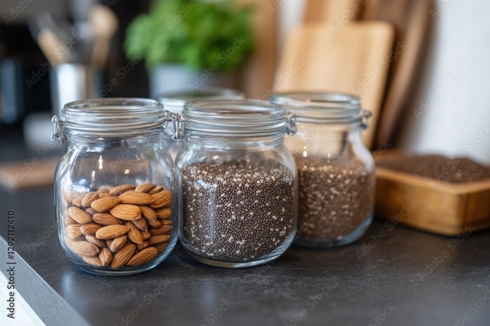 Jars of chia seeds, flax seeds and almonds in the kitchen . Jars of chia seeds, flax seeds and almonds in the kitchen .