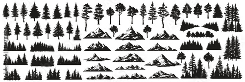 Silhouettes of trees and mountains