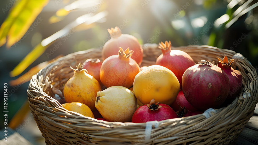 A handwoven basket filled with pomegranate, papaya, and mangosteen under sunlight. A handwoven basket filled with pomegranate, papaya, and mangosteen under sunlight.