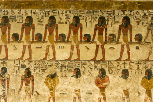 Highly detailed wall painting on walls of KV17 royal tomb for Seti I in Valley of the Kings in Luxor photo