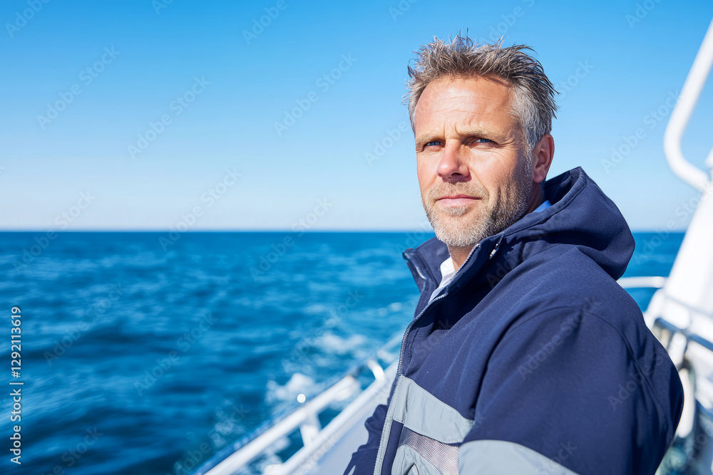 Fototapeta premium Confident captain enjoying the open sea from modern yacht deck
