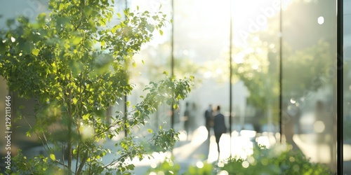 Blurred figures walk past a modern glass office building