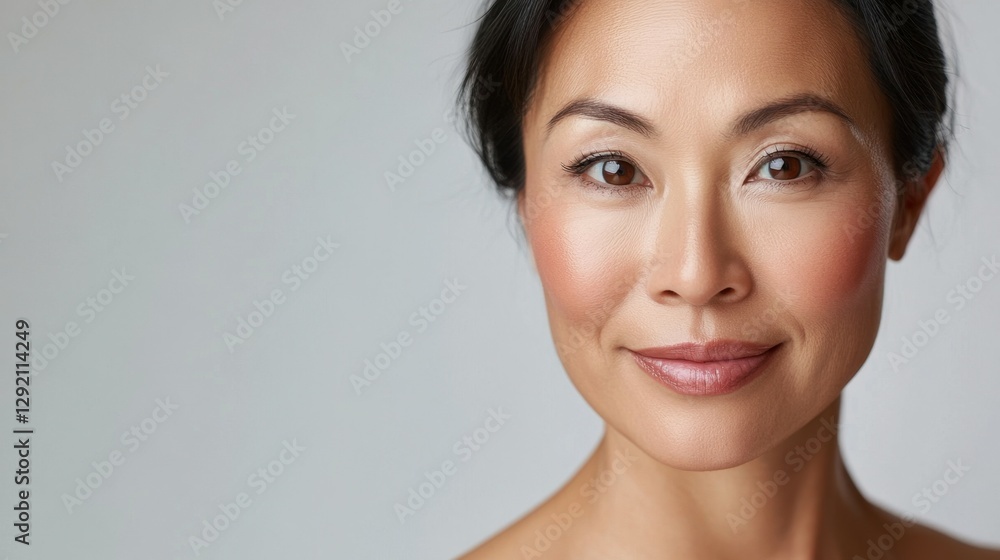 Beautiful Asian woman of middle age posing for beauty portrait. Pretty mature adult lady model from Asia looking at camera smiling on background advertising anti aging skin care. Face skincare Beautiful Asian woman of middle age posing for beauty portrait. Pretty mature adult lady model from Asia looking at camera smiling on background advertising anti aging skin care. Face skincare