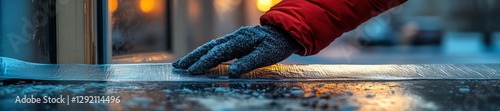 Person using weatherproof tape to secure window insulation in cold conditions. Generative AI photo