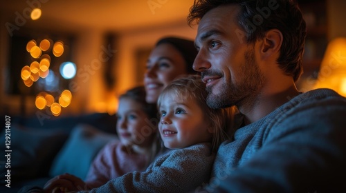 Family Enjoying Movie Time Together on the Couch. Generative AI photo