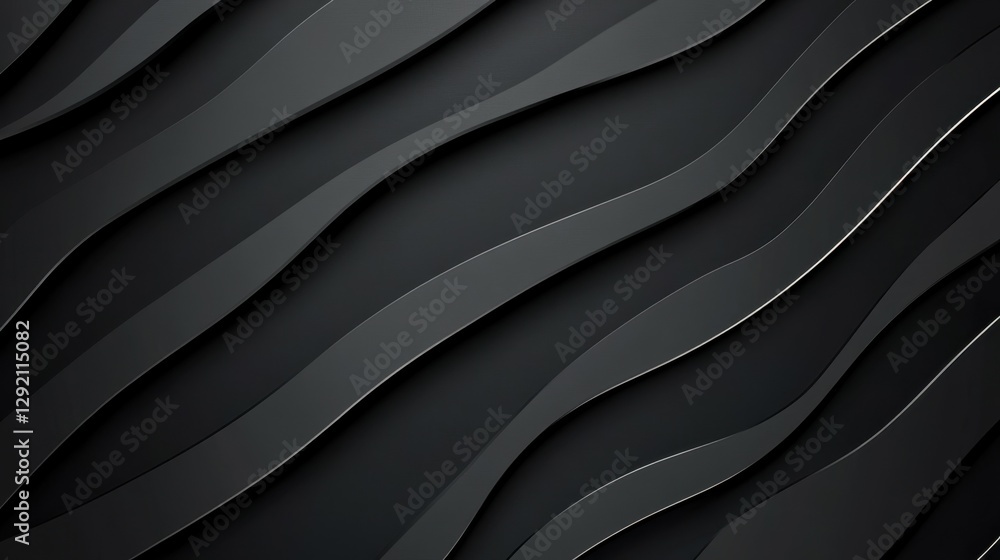 Obraz premium Black abstract background design. Modern wavy line pattern (guilloche curves) in monochrome colors. Premium stripe texture for banner, business background. Dark horizontal vector template