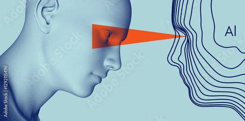 Visual contact. The concept of rivalry. Two opponents facing each other. Conflict. A digital human head made of lines and dots. Artificial intelligence concept. 3d vector for design.