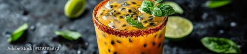 Exotic Passion Fruit Margarita with Ice Lime and Mint Leaves. Generative AI photo