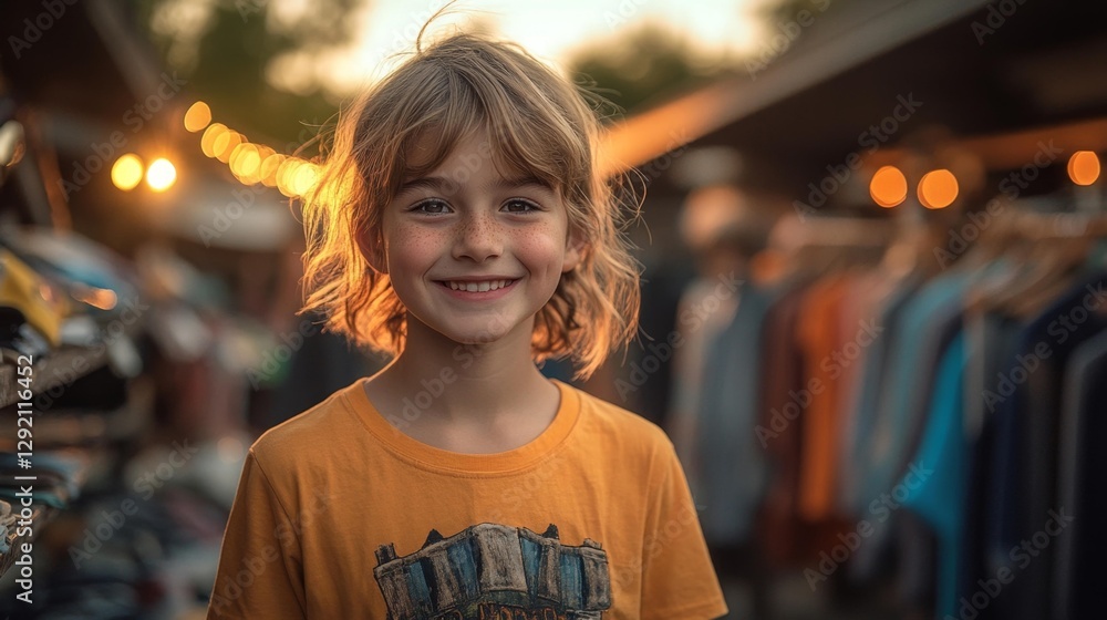 Obraz premium A Smiling Child at a Backyard Clothing Swap Event Surrounded by Clothes. Generative AI