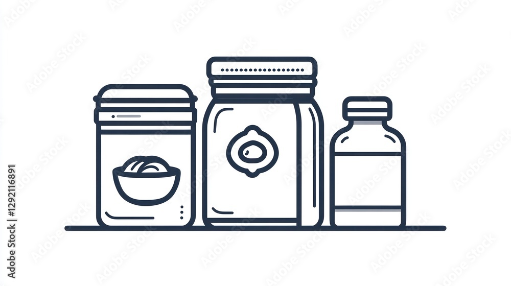 Food storage jars, pasta, and bottle; kitchen pantry Food storage jars, pasta, and bottle; kitchen pantry