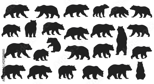 A collection of black silhouettes depicting various poses and sizes of bears, showcasing their diverse forms and movements. photo