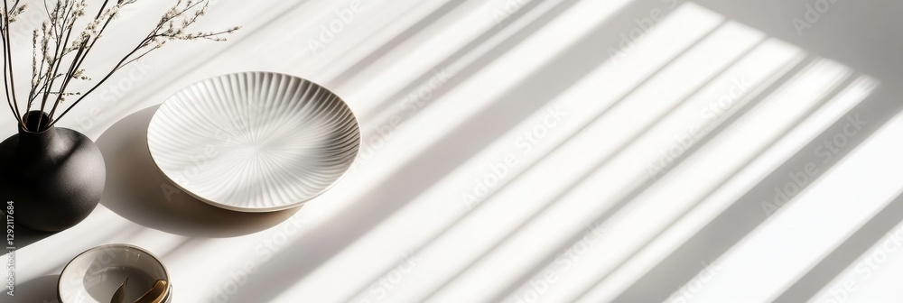 Fototapeta premium Soft shadows and minimalist table setting with ceramics and greenery during daytime indoors. Generative AI