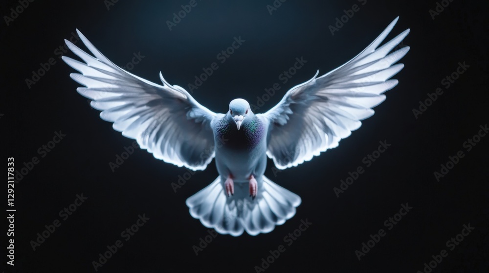 Naklejka premium Dove in Flight on Black Background