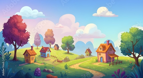 A colorful landscape featuring charming houses, vibrant trees, and a winding path under a bright sky, creating a serene countryside scene.