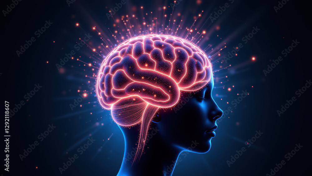 Obraz premium An illustration of a human head with a brightly lit brain, symbolizing artificial general intelligence.