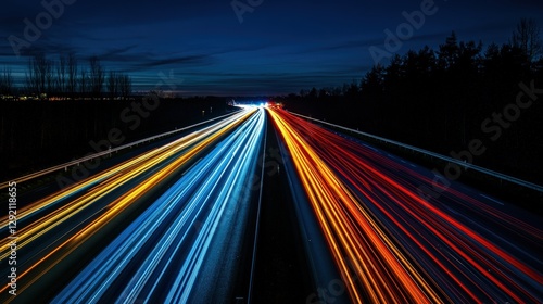 Dynamic Long Exposure Shot of Busy Highway at Night with Light Trails