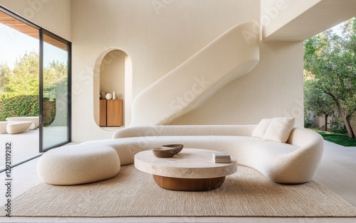 Cozy artistic living room, oversized oval shaped boucle sofa in soft beige, abstract sculptural accent wall with organic curves, floating terrazzo coffee