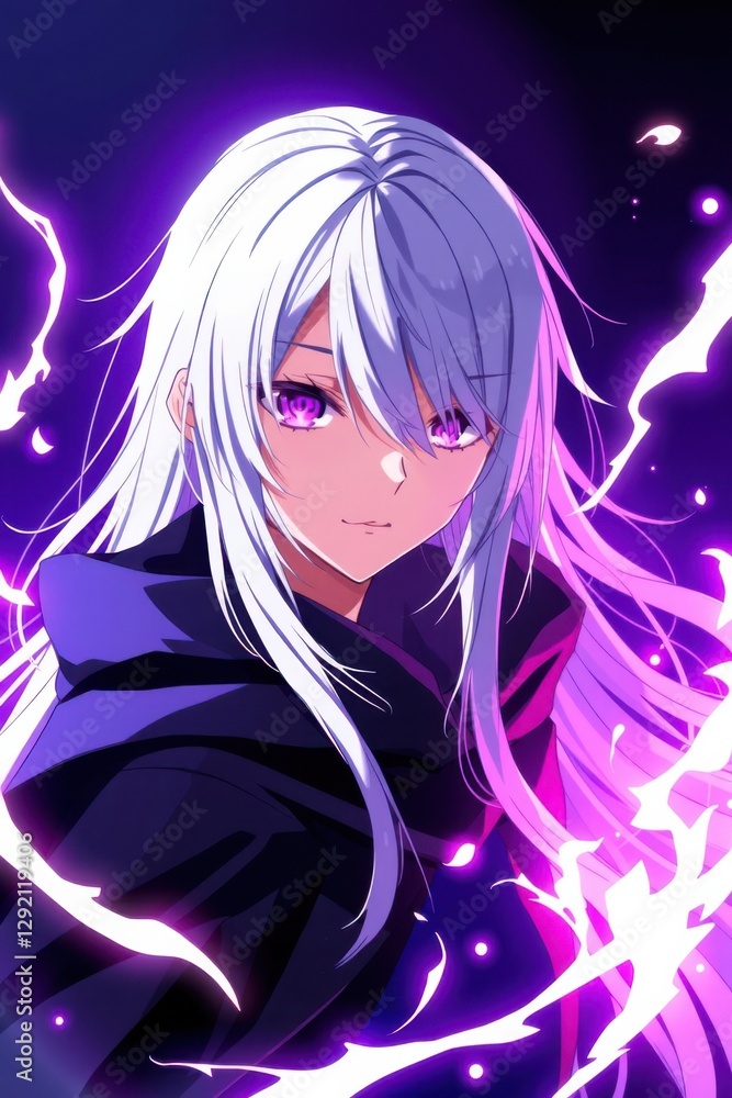 Anime girl with silver hair and purple eyes surrounded by purple energy, cloaked in deep shadowy garment. Anime girl with silver hair and purple eyes surrounded by purple energy, cloaked in deep shadowy garment.