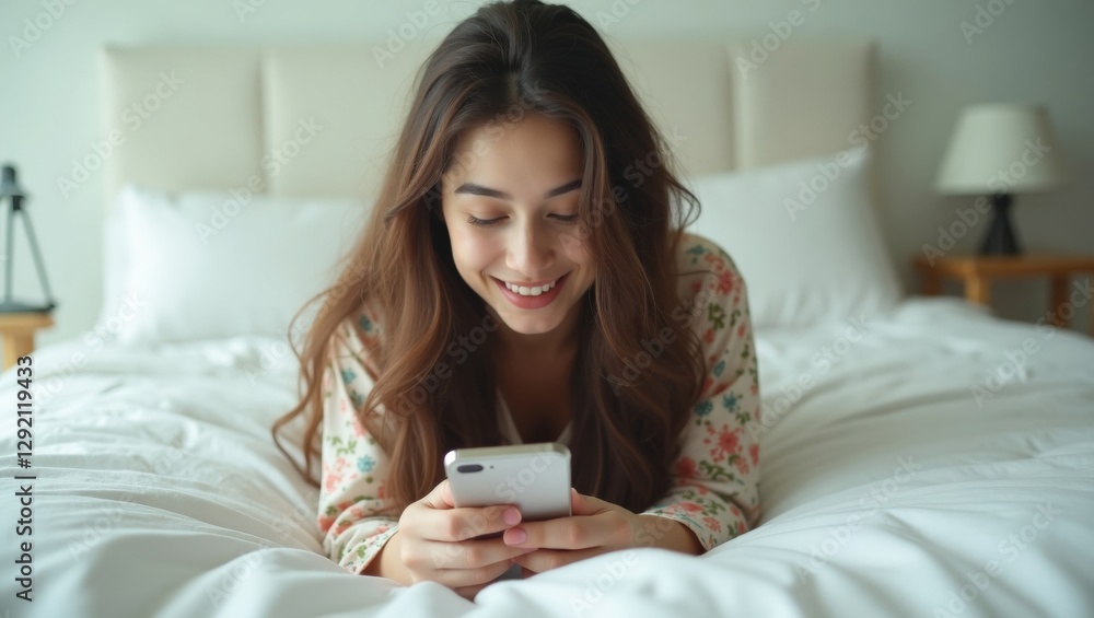 Serene woman relaxing in minimalistic bedroom Serene woman relaxing in minimalistic bedroom