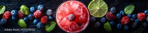 Delicious Slushie Cocktail with Mixed Berries and Lime on a Dark Surface. Generative AI photo