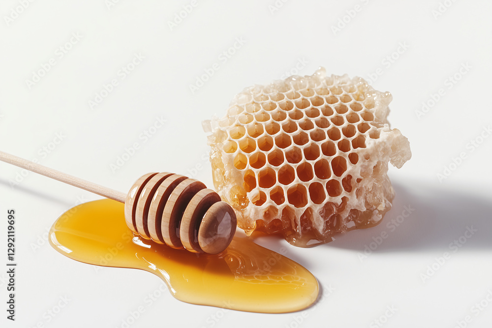 Sweet Gold: An inviting visual of a honeycomb with honey stick with overflowing honey , a close-up captures the rich textures and golden hues. Sweet Gold: An inviting visual of a honeycomb with honey stick with overflowing honey , a close-up captures the rich textures and golden hues.