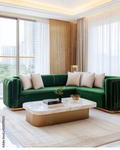 Luxurious living room, oversized emerald green velvet sofa, golden textured accent wall with soft LED lighting, sculptural marble coffee table, plush wool