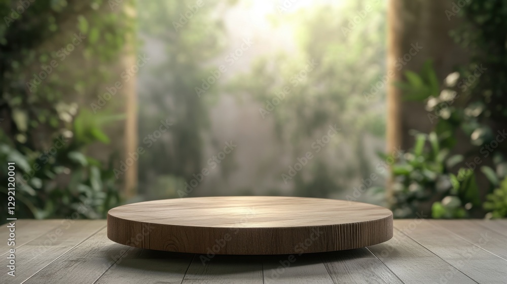 a round wooden podium placed on a rustic wooden surface, set against a softly blurred natural background a round wooden podium placed on a rustic wooden surface, set against a softly blurred natural background