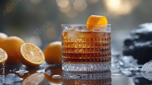 A vintage glass with a smoky Mezcal Negroni cocktail garnished with an orange peel twist. Generative AI photo